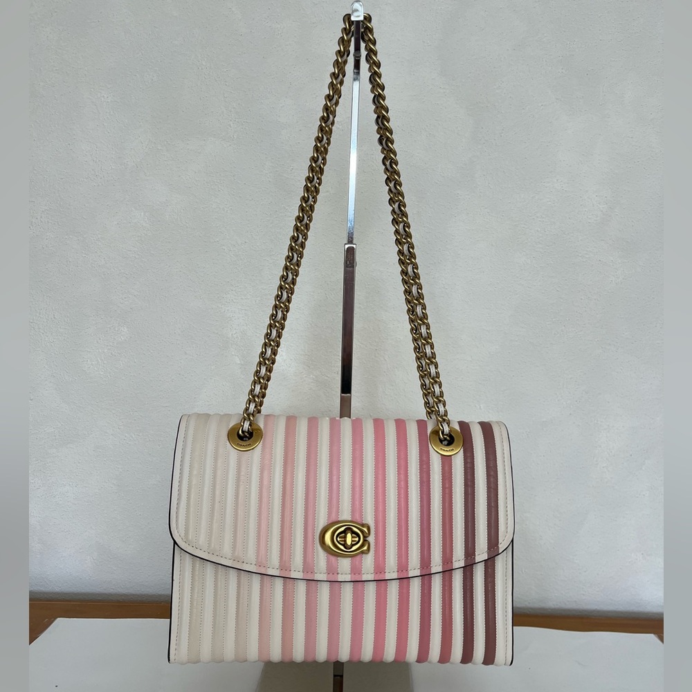 Coach Parker Striped Ombré Pink and Cream double chain shoulder Bag